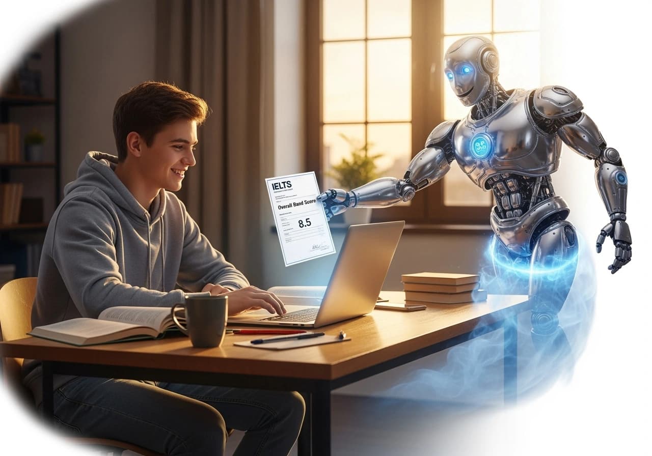 A robot handing a male student high-scoring IELTS certificate