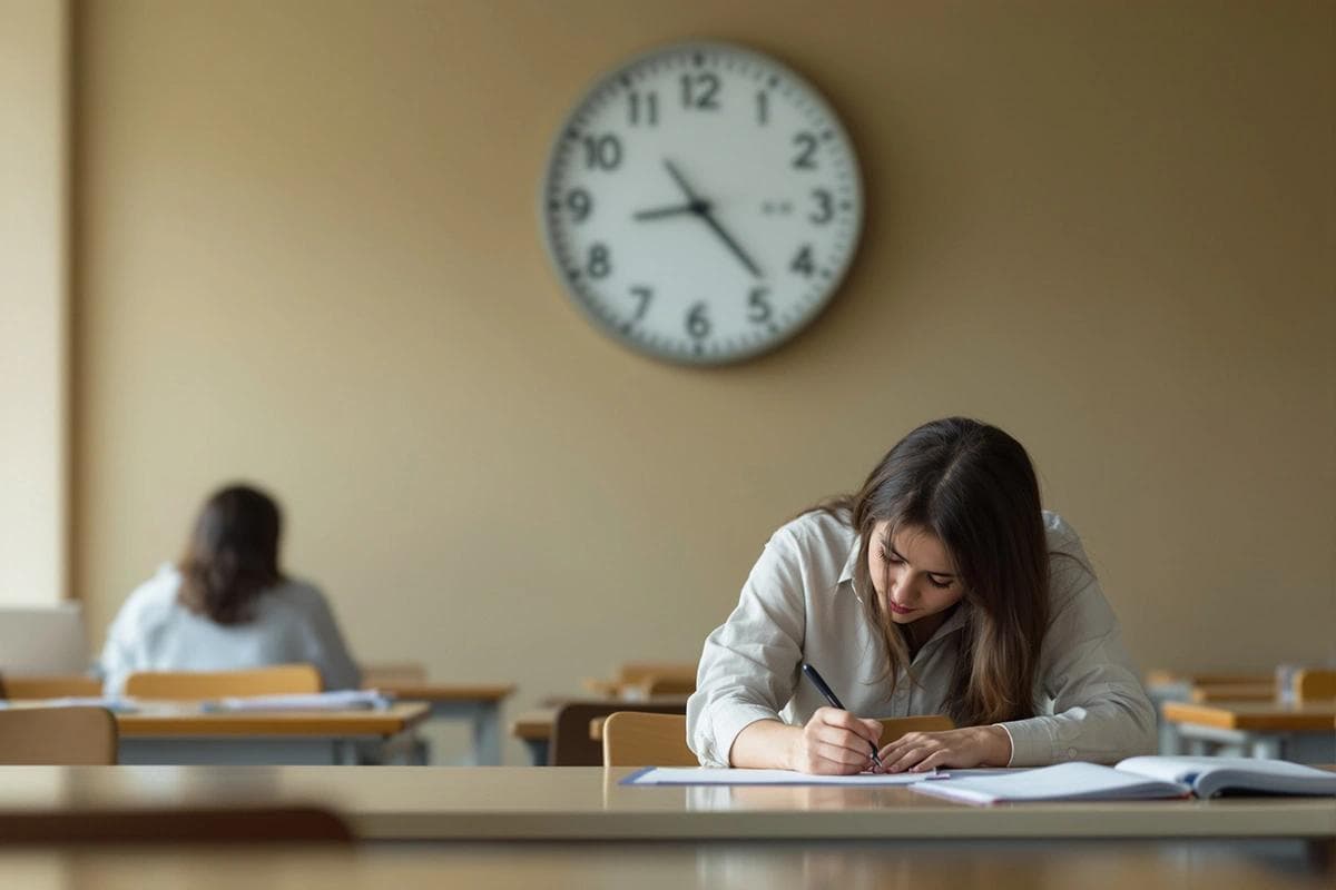 Girl answering an IELTS Task 2 question in an exam hall with a big clock in the background